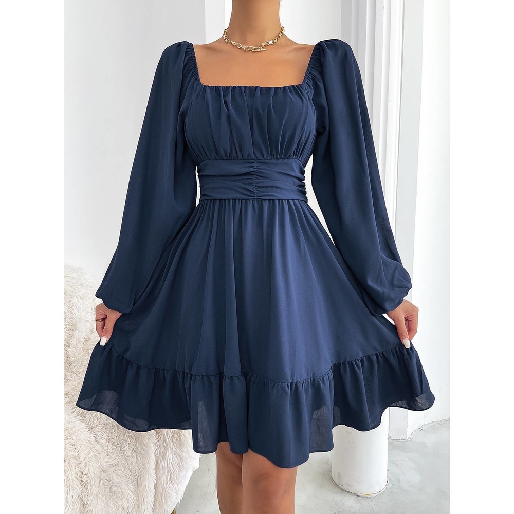 square neck long sleeve Knot Back Lantern Sleeve Ruffle Hem Dress black - Picture 6 of 11